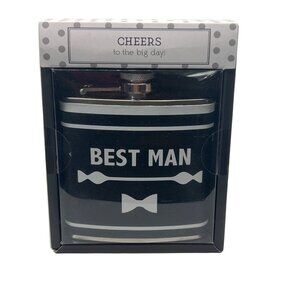 Boston Warehouse Best Man 6oz Stainless Steel Wedding Flask Black & Silver NEW